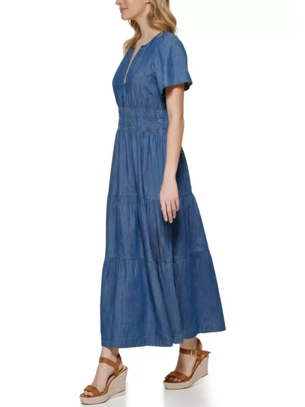 Women's Chambray Blue Tiered Flutter Sleeve Maxi Boho Dress Women Size XXL